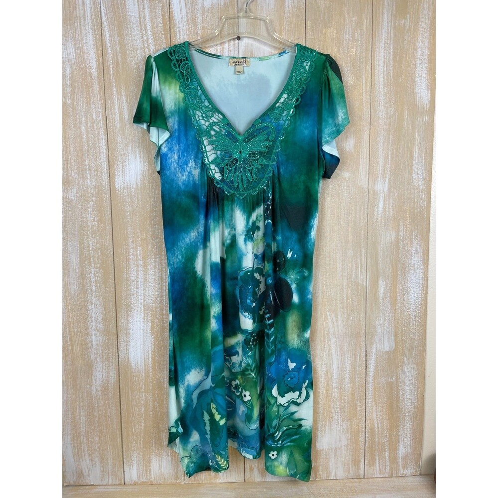 One World Dress Size L Green Turquoise Floral With Lace And Sequin Stretch Boho